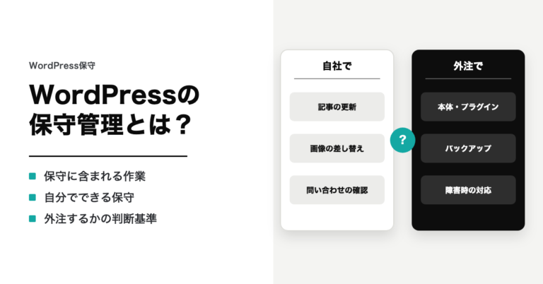 WordPressの保守管理とは？ 保守に含まれる作業・自分でできる保守・外注するかの判断基準。自社でする作業と外注する作業を2列に分けたイラスト