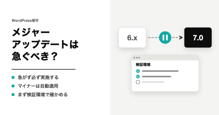 メジャーアップデートは急ぐべき？ 急がず必ず実施する・マイナーは自動適用・まず検証環境で確かめる。6.xから7.0の間に一時停止の印があり、検証環境の確認の一覧が添えられたイラスト
