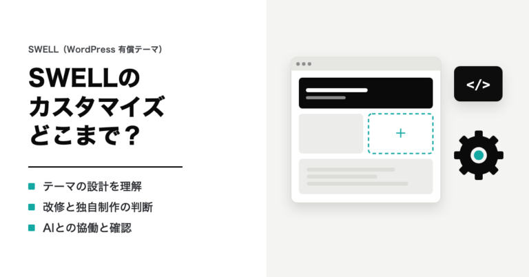 SWELLのカスタマイズ、どこまで？ テーマの設計を理解・改修と独自制作の判断・AIとの協働と確認。部品で組んだ画面に追加の枠があり、コードの札と歯車が添えられたイラスト